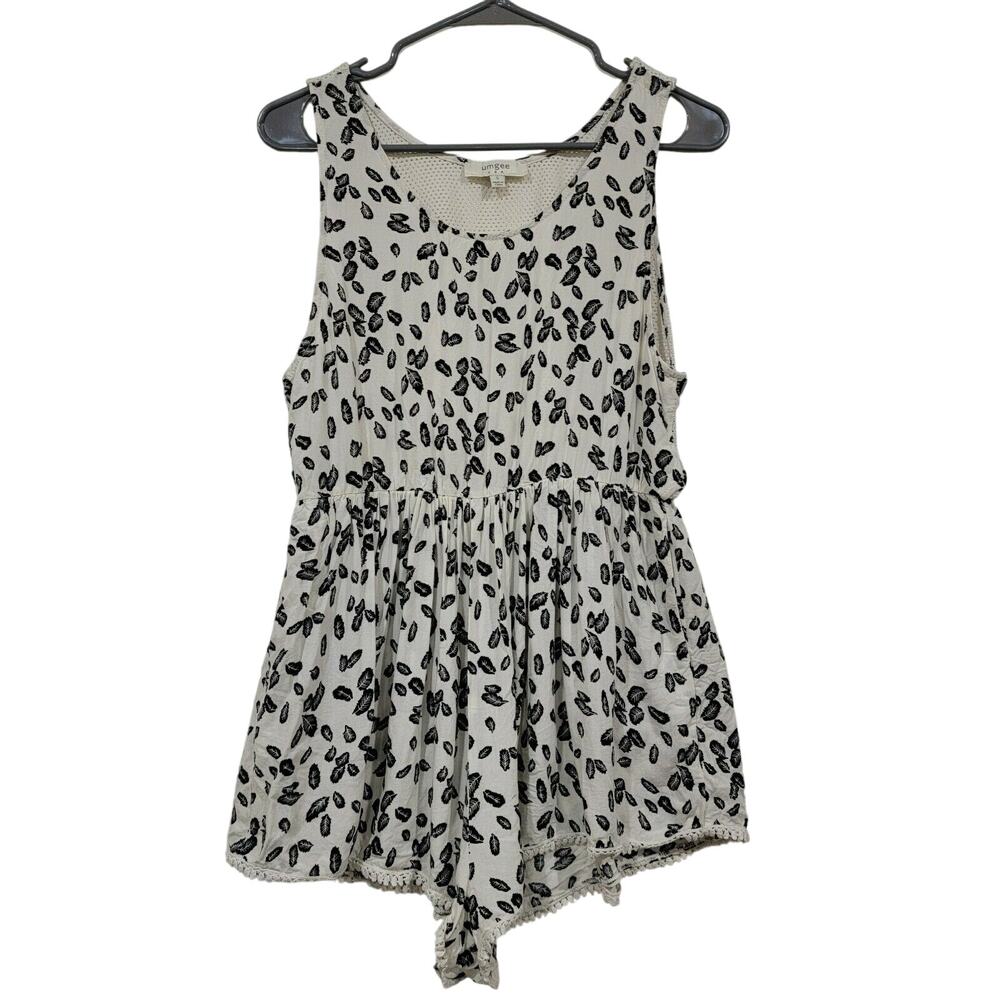 Umgee Small Sleeveless All Over Leaves Romper Pockets Boho Whimsical Festival